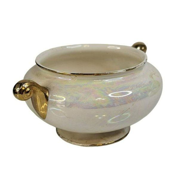 Homer Laughlin Nautilus Eggshell Creamer and Open Sugar Bowl 1940s Gold Trim - Picture 7 of 11